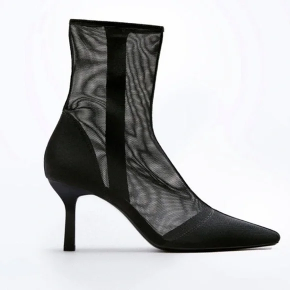 Zara Black Mesh Ankle Boots Bootie High Heels Size EU 40 - Picture 2 of 14